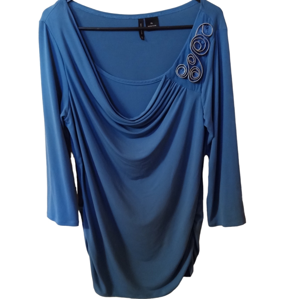 New Directions Women's Ruched Waist Funky Unique Zipper Design Top, XL, Blue